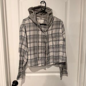 American Eagle Womens White Grey Plaid Cropped Distressed Button Up Hoodie L